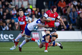 2024-10-12 - Matias Alemanno of Gloucester Rugby is tackled by Tom Dunn of Bath Rugby during the English championship Gallagher Premiership Rugby Union match between Gloucester Rugby and Bath Rugby on 12 October 2024 at the Kingsholm Stadium in Gloucester, England - RUGBY - ENGLISH CHAMPIONSHIP - GLOUCESTER V BATH - PREMERSHIP RUGBY UNION - RUGBY