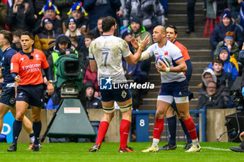 2024-02-10 - Gael Fickou of France celebrates with Charles Ollivon after scoring a try during the 2024 Six nations Championship, rugby union match between Scotland and France on 10 February 2024 at Scottish Gas Murrayfield in Edinburgh, Scotland - RUGBY - SIX NATIONS 2024 - SCOTLAND V FRANCE - SIX NATIONS - RUGBY