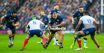 2024-02-10 - Pierre Schoeman of Scotland runs at Francois Cros and Jonathan Danty of France during the 2024 Six nations Championship, rugby union match between Scotland and France on 10 February 2024 at Scottish Gas Murrayfield in Edinburgh, Scotland - RUGBY - SIX NATIONS 2024 - SCOTLAND V FRANCE - SIX NATIONS - RUGBY