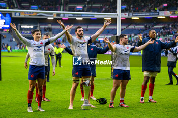 2024-02-10 - Louis Bielle-Biarrey, Charles Ollivon, Julien Marchand and Cameron Woki of France salute the fans after the 2024 Six nations Championship, rugby union match between Scotland and France on 10 February 2024 at Scottish Gas Murrayfield in Edinburgh, Scotland - RUGBY - SIX NATIONS 2024 - SCOTLAND V FRANCE - SIX NATIONS - RUGBY