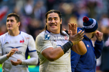 2024-02-10 - Posolo Tuilagi of France celebrates at full time during the 2024 Six nations Championship, rugby union match between Scotland and France on 10 February 2024 at Scottish Gas Murrayfield in Edinburgh, Scotland - RUGBY - SIX NATIONS 2024 - SCOTLAND V FRANCE - SIX NATIONS - RUGBY