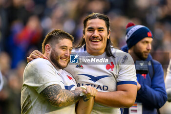 2024-02-10 - Cyril Baille and Posolo Tuilagi of France celebrate at full time during the 2024 Six nations Championship, rugby union match between Scotland and France on 10 February 2024 at Scottish Gas Murrayfield in Edinburgh, Scotland - RUGBY - SIX NATIONS 2024 - SCOTLAND V FRANCE - SIX NATIONS - RUGBY