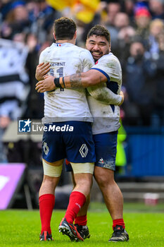 2024-02-10 - Sébastien Taofifénua of France celebrates with Paul Boudehent at full time during the 2024 Six nations Championship, rugby union match between Scotland and France on 10 February 2024 at Scottish Gas Murrayfield in Edinburgh, Scotland - RUGBY - SIX NATIONS 2024 - SCOTLAND V FRANCE - SIX NATIONS - RUGBY