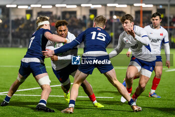 2024-02-09 - Simeli Daunivucu of France and Freddy Douglas, Fergus Watson of Scotland during the 2024 Under 20 Six Nations championship, rugby union match between Scotland and France on 9 February 2024 at the Hive Stadium in Edinburgh, Scotland - RUGBY - U20 SIX NATIONS 2024 - SCOTLAND V FRANCE - SIX NATIONS - RUGBY