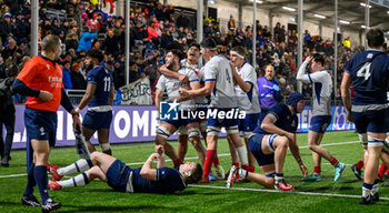 2024-02-09 - Mathis Castro-Ferreira of France celebrates after he scores the fourth try during the 2024 Under 20 Six Nations championship, rugby union match between Scotland and France on 9 February 2024 at the Hive Stadium in Edinburgh, Scotland - RUGBY - U20 SIX NATIONS 2024 - SCOTLAND V FRANCE - SIX NATIONS - RUGBY