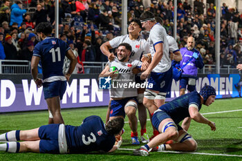 2024-02-09 - Mathis Castro-Ferreira of France celebrates after he scores the fourth try during the 2024 Under 20 Six Nations championship, rugby union match between Scotland and France on 9 February 2024 at the Hive Stadium in Edinburgh, Scotland - RUGBY - U20 SIX NATIONS 2024 - SCOTLAND V FRANCE - SIX NATIONS - RUGBY