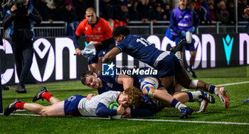 2024-02-09 - Thomas Souverbie of France scores a try during the 2024 Under 20 Six Nations championship, rugby union match between Scotland and France on 9 February 2024 at the Hive Stadium in Edinburgh, Scotland - RUGBY - U20 SIX NATIONS 2024 - SCOTLAND V FRANCE - SIX NATIONS - RUGBY