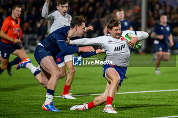 2024-02-09 - Xan Mousques of France scores the first try during the 2024 Under 20 Six Nations championship, rugby union match between Scotland and France on 9 February 2024 at the Hive Stadium in Edinburgh, Scotland - RUGBY - U20 SIX NATIONS 2024 - SCOTLAND V FRANCE - SIX NATIONS - RUGBY