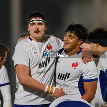 2024-02-09 - Corentin Mezou of France celebrates with Patrick Tuifua of France during the 2024 Under 20 Six Nations championship, rugby union match between Scotland and France on 9 February 2024 at the Hive Stadium in Edinburgh, Scotland - RUGBY - U20 SIX NATIONS 2024 - SCOTLAND V FRANCE - SIX NATIONS - RUGBY