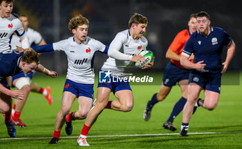 2024-02-09 - Xan Mousques of France on his way to scoring the first try during the 2024 Under 20 Six Nations championship, rugby union match between Scotland and France on 9 February 2024 at the Hive Stadium in Edinburgh, Scotland - RUGBY - U20 SIX NATIONS 2024 - SCOTLAND V FRANCE - SIX NATIONS - RUGBY