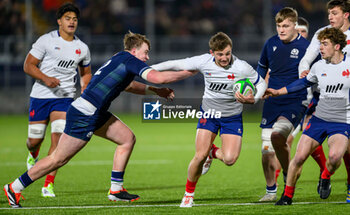2024-02-09 - Xan Mousques of France on his way to scoring the first try during the 2024 Under 20 Six Nations championship, rugby union match between Scotland and France on 9 February 2024 at the Hive Stadium in Edinburgh, Scotland - RUGBY - U20 SIX NATIONS 2024 - SCOTLAND V FRANCE - SIX NATIONS - RUGBY