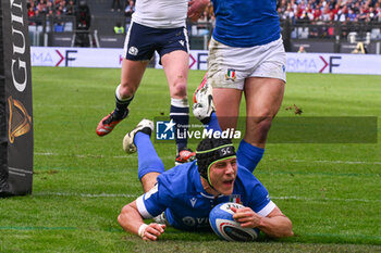 2024-03-09 - Juan Ignacio Brex ( Italy ) scores a try during the Six Nations Championship match between Italy and Scotland on 9 march at Stadio Olimpico in Rome, Italy - ITALY VS SCOTLAND - SIX NATIONS - RUGBY