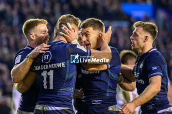 2024-02-24 - Duhan van der Merwe of Scotland is congratuated by Cameron Redpath after he scores his third try during the 2024 Six nations Championship, rugby union match between Scotland and England on 24 February 2024 at Scottish Gas Murrayfield in Edinburgh, Scotland - RUGBY - SIX NATIONS 2024 - SCOTLAND V ENGLAND - SIX NATIONS - RUGBY