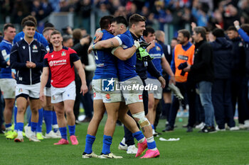 2024-03-09 - Rome, Italy 09.03.2024: Italy players Juan Ignacio BREX (italy), Tommaso MENONCELLO (italy) celebrates the victory at the end of the Guinness Six Nations 2024 tournament match between Italy and Scotland at Stadio Olimpico on March 09, 2024 in Rome, Italy.
 - ITALY VS SCOTLAND - SIX NATIONS - RUGBY