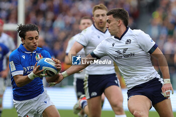2024-03-09 - Ange Capuozzo of Italy vies for the ball with Cameron Redpath of Scotland during the 2024 Six nations Championship, rugby union match between Italy and Scotland on March 9, 2024 at Stadio Olimpico in Rome, Italy - RUGBY - SIX NATIONS 2024 - ITALY V SCOTLAND - SIX NATIONS - RUGBY