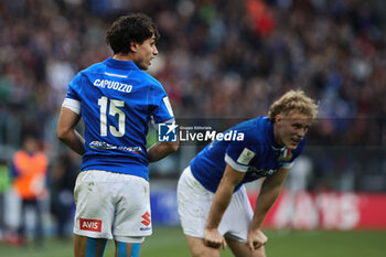 2024-03-09 - Ange Capuozzo and Louis Lynagh of Italy look on during the 2024 Six nations Championship, rugby union match between Italy and Scotland on March 9, 2024 at Stadio Olimpico in Rome, Italy - RUGBY - SIX NATIONS 2024 - ITALY V SCOTLAND - SIX NATIONS - RUGBY