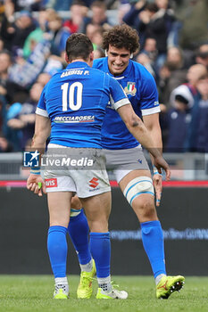 2024-03-09 - Andrea Zambonin of Italy celebrates the victory with Paolo Garbisi at the end of the 2024 Six nations Championship, rugby union match between Italy and Scotland on March 9, 2024 at Stadio Olimpico in Rome, Italy - RUGBY - SIX NATIONS 2024 - ITALY V SCOTLAND - SIX NATIONS - RUGBY