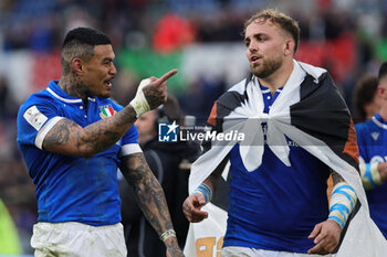 2024-03-09 - Niccolo' Cannone and Monty Ioane of Italy celebrate the victory and greet their fans at the end of the 2024 Six nations Championship, rugby union match between Italy and Scotland on March 9, 2024 at Stadio Olimpico in Rome, Italy - RUGBY - SIX NATIONS 2024 - ITALY V SCOTLAND - SIX NATIONS - RUGBY