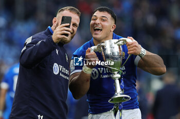2024-03-09 - Danilo Fischetti of Italy celebrates the victory with the cup at the end of the 2024 Six nations Championship, rugby union match between Italy and Scotland on March 9, 2024 at Stadio Olimpico in Rome, Italy - RUGBY - SIX NATIONS 2024 - ITALY V SCOTLAND - SIX NATIONS - RUGBY