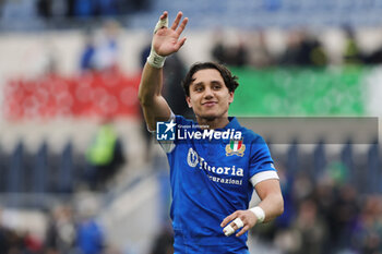 2024-03-09 - Ange Capuozzo of Italy greets his fans at the end of the 2024 Six nations Championship, rugby union match between Italy and Scotland on March 9, 2024 at Stadio Olimpico in Rome, Italy - RUGBY - SIX NATIONS 2024 - ITALY V SCOTLAND - SIX NATIONS - RUGBY