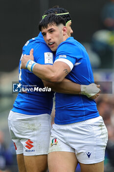 2024-03-09 - Tommaso Menoncello of Italy congratulates Juan Ignacio Brex during the 2024 Six nations Championship, rugby union match between Italy and Scotland on March 9, 2024 at Stadio Olimpico in Rome, Italy - RUGBY - SIX NATIONS 2024 - ITALY V SCOTLAND - SIX NATIONS - RUGBY