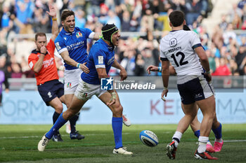 2024-03-09 - Juan Ignacio Brex of Italy celebrates with his teammates after scoring during the 2024 Six nations Championship, rugby union match between Italy and Scotland on March 9, 2024 at Stadio Olimpico in Rome, Italy - RUGBY - SIX NATIONS 2024 - ITALY V SCOTLAND - SIX NATIONS - RUGBY