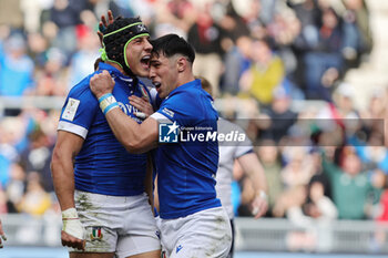 2024-03-09 - Juan Ignacio Brex of Italy celebrates with his teammates after scoring during the 2024 Six nations Championship, rugby union match between Italy and Scotland on March 9, 2024 at Stadio Olimpico in Rome, Italy - RUGBY - SIX NATIONS 2024 - ITALY V SCOTLAND - SIX NATIONS - RUGBY