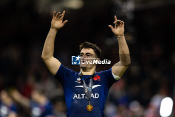 2024-03-10 - Nolann Le Garrec of France celebrates after the 2024 Six nations Championship, rugby union match between Wales and France on 10 March 2024 at Millenium Stadium in Cardiff, Wales - RUGBY - SIX NATIONS 2024 - WALES V FRANCE - SIX NATIONS - RUGBY
