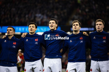 2024-03-10 - Thomas Ramos, Louis Bielle-Biarrey, Nicolas Depoortère, Damian Penaud, Léo Barré of France during the 2024 Six nations Championship, rugby union match between Wales and France on 10 March 2024 at Millenium Stadium in Cardiff, Wales - RUGBY - SIX NATIONS 2024 - WALES V FRANCE - SIX NATIONS - RUGBY