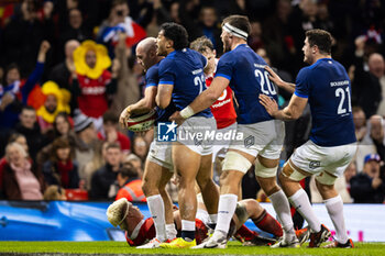 2024-03-10 - Maxime Lucu of France celebrates scoring his sides fifth try during the 2024 Six nations Championship, rugby union match between Wales and France on 10 March 2024 at Millenium Stadium in Cardiff, Wales - RUGBY - SIX NATIONS 2024 - WALES V FRANCE - SIX NATIONS - RUGBY