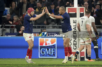 2024-03-16 - Gael Fickou of France celebrates his try with Louis Bielle-Biarrey (left) during the 2024 Six nations Championship, rugby union match between France and England on March 16, 2024 at Groupama stadium in Décines-Charpieu near Lyon, France - RUGBY - SIX NATIONS 2024 - FRANCE V ENGLAND - SIX NATIONS - RUGBY