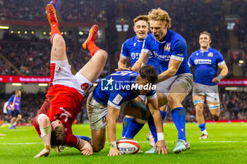 2024-03-16 - Lorenzo Pani of Italy scores his side's second try during the 2024 Six nations Championship, rugby union match between Wales and Italy on 16 March 2024 at Millenium Stadium in Cardiff, Wales - RUGBY - SIX NATIONS 2024 - WALES V ITALY - SIX NATIONS - RUGBY