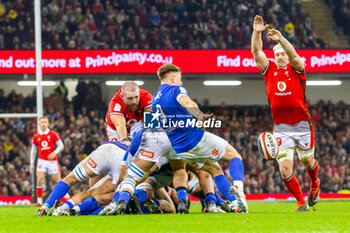 16/03/2024 - Aaron Wainwright of Wales looks to charge down the kick of Stephen Varney of Italy during the 2024 Six nations Championship, rugby union match between Wales and Italy on 16 March 2024 at Millenium Stadium in Cardiff, Wales - RUGBY - SIX NATIONS 2024 - WALES V ITALY - 6 NAZIONI - RUGBY