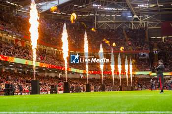 2024-03-16 - Flames shoot into the air during the 2024 Six nations Championship, rugby union match between Wales and Italy on 16 March 2024 at Millenium Stadium in Cardiff, Wales - RUGBY - SIX NATIONS 2024 - WALES V ITALY - SIX NATIONS - RUGBY