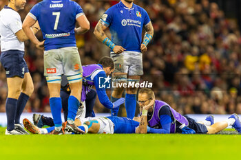 16/03/2024 - Lorenzo Pani of Italy has some medical treatment during the 2024 Six nations Championship, rugby union match between Wales and Italy on 16 March 2024 at Millenium Stadium in Cardiff, Wales - RUGBY - SIX NATIONS 2024 - WALES V ITALY - 6 NAZIONI - RUGBY