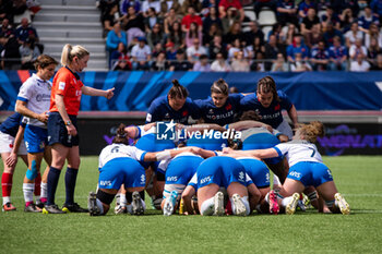 2024-04-14 - Assia Khalfaoui of France, Agathe Sochat of France and Annaelle Deshaye of France during the Women's Six Nations 2024, rugby union match between France and Italy on April 14, 2024 at Jean Bouin stadium in Paris, France - RUGBY - WOMEN'S SIX NATIONS 2024 - FRANCE V ITALY - SIX NATIONS - RUGBY