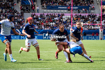 2024-04-14 - Charlotte Escudero of France, Assia Khalfaoui of France and Agathe Sochat of France during the Women's Six Nations 2024, rugby union match between France and Italy on April 14, 2024 at Jean Bouin stadium in Paris, France - RUGBY - WOMEN'S SIX NATIONS 2024 - FRANCE V ITALY - SIX NATIONS - RUGBY
