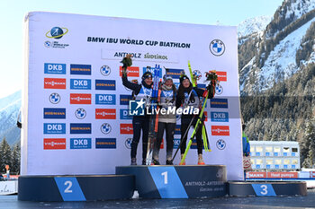 2024-01-19 - The podium with in first position Lena HAECKI-GROSS (SUI) in second position Julia SIMON (FRA) and in third position Lou JEANMONNOT (FRA) - IBU BIATHLON WORLD CUP 2024 - WOMEN'S 12.5KM SHORT INDIVIDUAL - BIATHLON - WINTER SPORTS