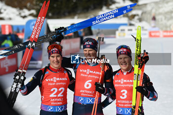 2024-01-21 - The podium of the race with Vetle Sjaastad Christiansen (NOR) in first place, DALE-SKJEVDAL Johannes (NOR) in second position and Soerum VebJoern (NOR) in third position - IBU BIATHLON WORLD CUP 2024 - MEN'S 15KM MASS START - BIATHLON - WINTER SPORTS