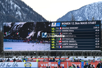 21/01/2024 - scoreboard with live video and real-time results in Antholz biathlon stadium - IBU BIATHLON WORLD CUP 2024 - WOMEN'S 12.5KM MASS START - BIATHLON - SPORT INVERNALI