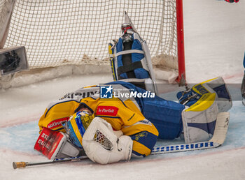 23/01/2024 - Lausanne Switzerland, 01/23/2024: Sandro Aeschilman (goalie) of HC Davos #29 took a nasty blow during Lausanne HC Versus HC Davos. The match of the 40th day of the 2023-2024 season took place at the Vaudoise Arena in Lausanne between Lausanne HC and HC Davos. - SWISS NATIONAL LEAGUE - LAUSANNE HC VS HC DAVOS - HOCKEY SU GHIACCIO - SPORT INVERNALI