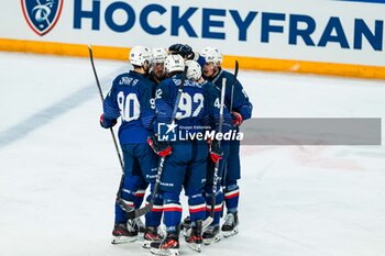 2024-04-24 - France celebrating a goal during the International Friendly Ice Hockey match between France and Slovenia on April 24, 2024 at Aren’Ice in Cergy-Pontoise, France - ICE HOCKEY - FRIENDLY GAME - FRANCE V SLOVENIA - ICE HOCKEY - WINTER SPORTS