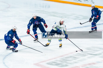 2024-04-24 - Rok MACUH of Slovenia and Robin COLOMBAN of France and Kevin BOZON of France during the International Friendly Ice Hockey match between France and Slovenia on April 24, 2024 at Aren’Ice in Cergy-Pontoise, France - ICE HOCKEY - FRIENDLY GAME - FRANCE V SLOVENIA - ICE HOCKEY - WINTER SPORTS