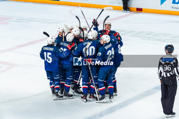 2024-04-24 - France players celebrating the second goal during the International Friendly Ice Hockey match between France and Slovenia on April 24, 2024 at Aren’Ice in Cergy-Pontoise, France - ICE HOCKEY - FRIENDLY GAME - FRANCE V SLOVENIA - ICE HOCKEY - WINTER SPORTS