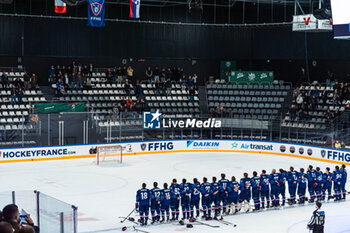 24/04/2024 - France anthem illustration during the International Friendly Ice Hockey match between France and Slovenia on April 24, 2024 at Aren’Ice in Cergy-Pontoise, France - ICE HOCKEY - FRIENDLY GAME - FRANCE V SLOVENIA - HOCKEY SU GHIACCIO - SPORT INVERNALI