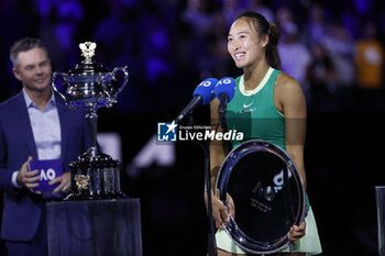 2024-01-28 - Qinwen Zheng (CHN) with running up trophy after lost their match against Aryna Sabalenka on day 14 of the 2024 Australian Open at Melbourne Park on January 27 2024 in Melbourne, Australia. - AUSTRALIAN OPEN - INTERNATIONALS - TENNIS