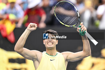 2024-01-18 - Carlos Alcaraz of Spain celebrates his victory during the Australian Open AO 2024 Grand Slam tennis tournament on January 18, 2024 at Melbourne Park in Australia. Photo Victor Joly / DPPI - TENNIS - AUSTRALIAN OPEN 2024 - WEEK 1 - INTERNATIONALS - TENNIS