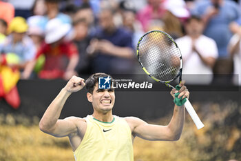 2024-01-18 - Carlos Alcaraz of Spain celebrates his victory during the Australian Open AO 2024 Grand Slam tennis tournament on January 18, 2024 at Melbourne Park in Australia. Photo Victor Joly / DPPI - TENNIS - AUSTRALIAN OPEN 2024 - WEEK 1 - INTERNATIONALS - TENNIS