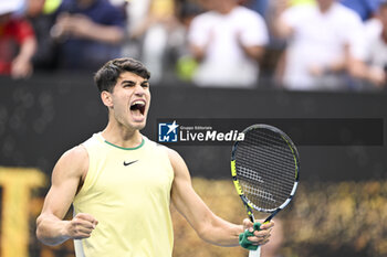 2024-01-18 - Carlos Alcaraz of Spain celebrates his victory during the Australian Open AO 2024 Grand Slam tennis tournament on January 18, 2024 at Melbourne Park in Australia. Photo Victor Joly / DPPI - TENNIS - AUSTRALIAN OPEN 2024 - WEEK 1 - INTERNATIONALS - TENNIS