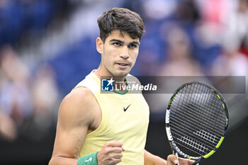 2024-01-18 - Carlos Alcaraz of Spain celebrates his victory during the Australian Open AO 2024 Grand Slam tennis tournament on January 18, 2024 at Melbourne Park in Australia. Photo Victor Joly / DPPI - TENNIS - AUSTRALIAN OPEN 2024 - WEEK 1 - INTERNATIONALS - TENNIS